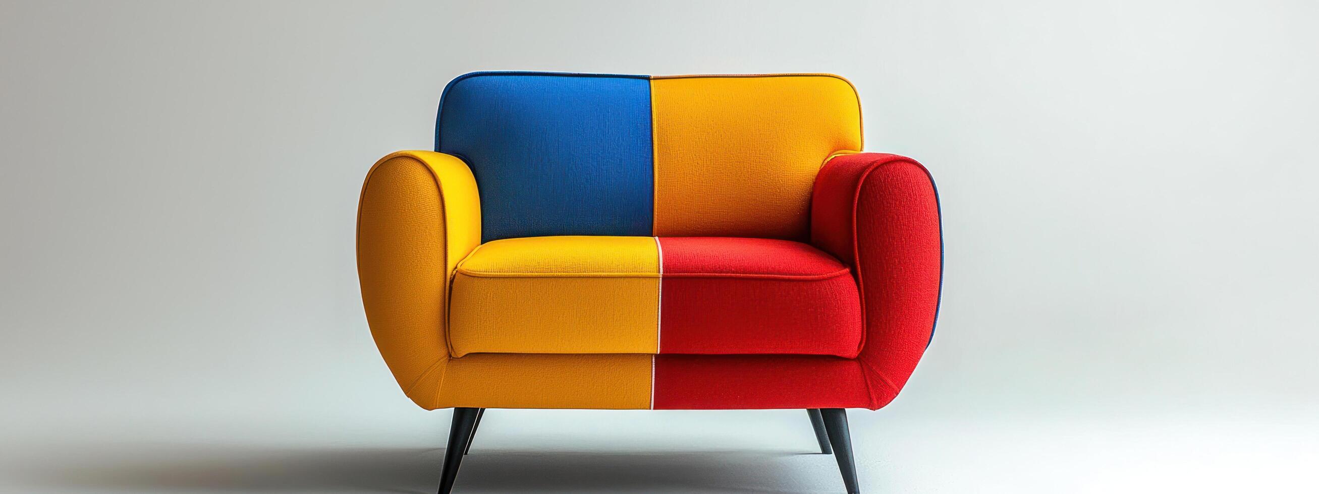 modern armchair inspired by Bauhaus design, featuring bold primary colors of red, yellow, and blue with minimalist aesthetic photo