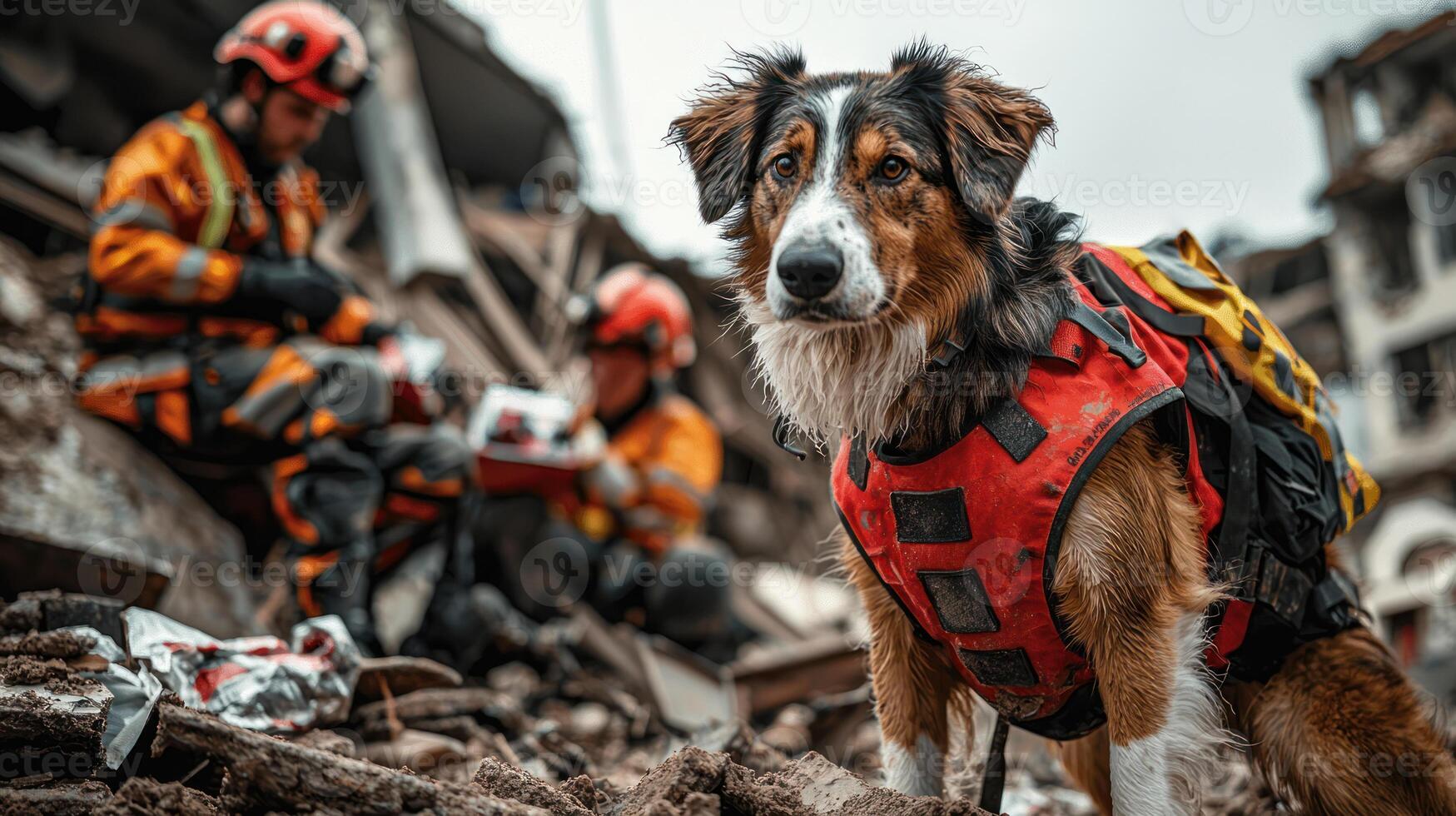 heroic rescue dog in red vest searches through earthquake rubble alongside rescue workers, showcasing bravery and determination photo