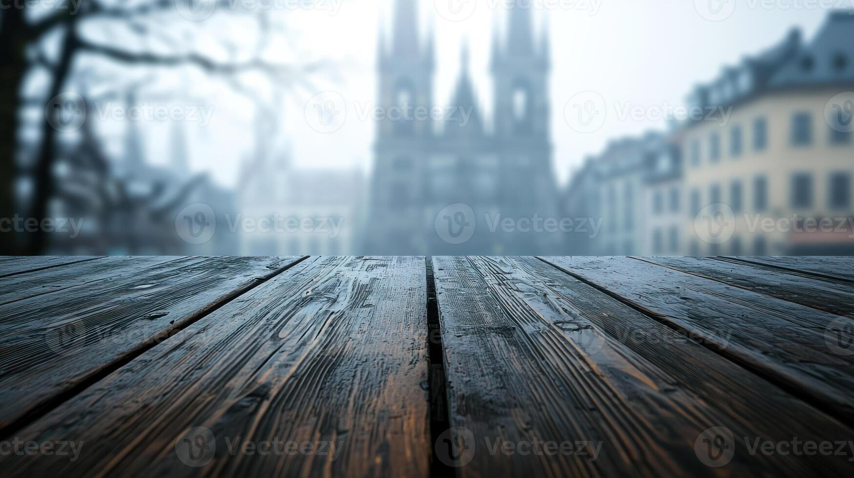 Polished dark wood table with misty blurred European cathedral fade in background, early morning fog adds mystery. photo