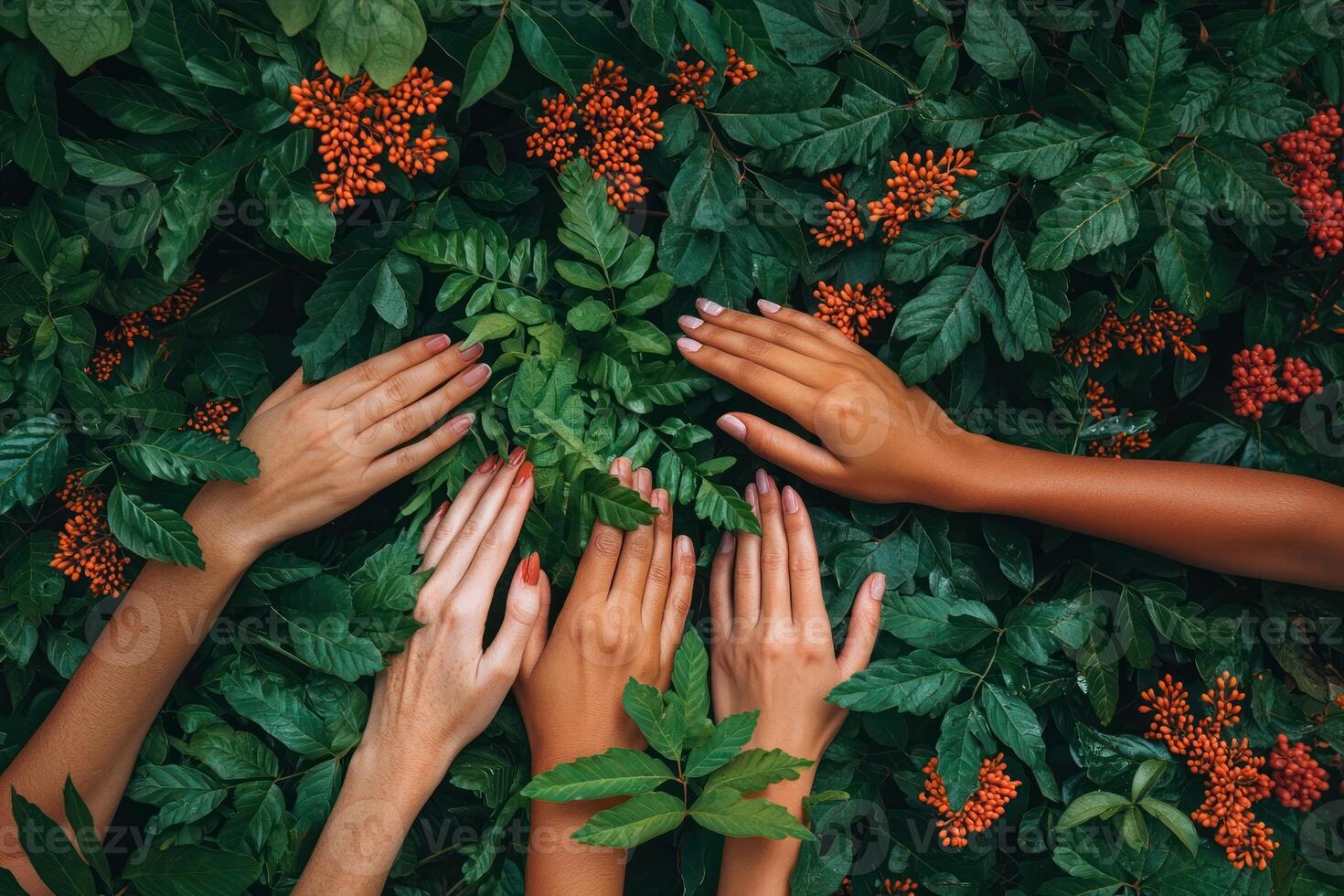 group of diverse hands reaching out to vibrant evergreen leaves and red berries, symbolizing unity and connection with nature photo