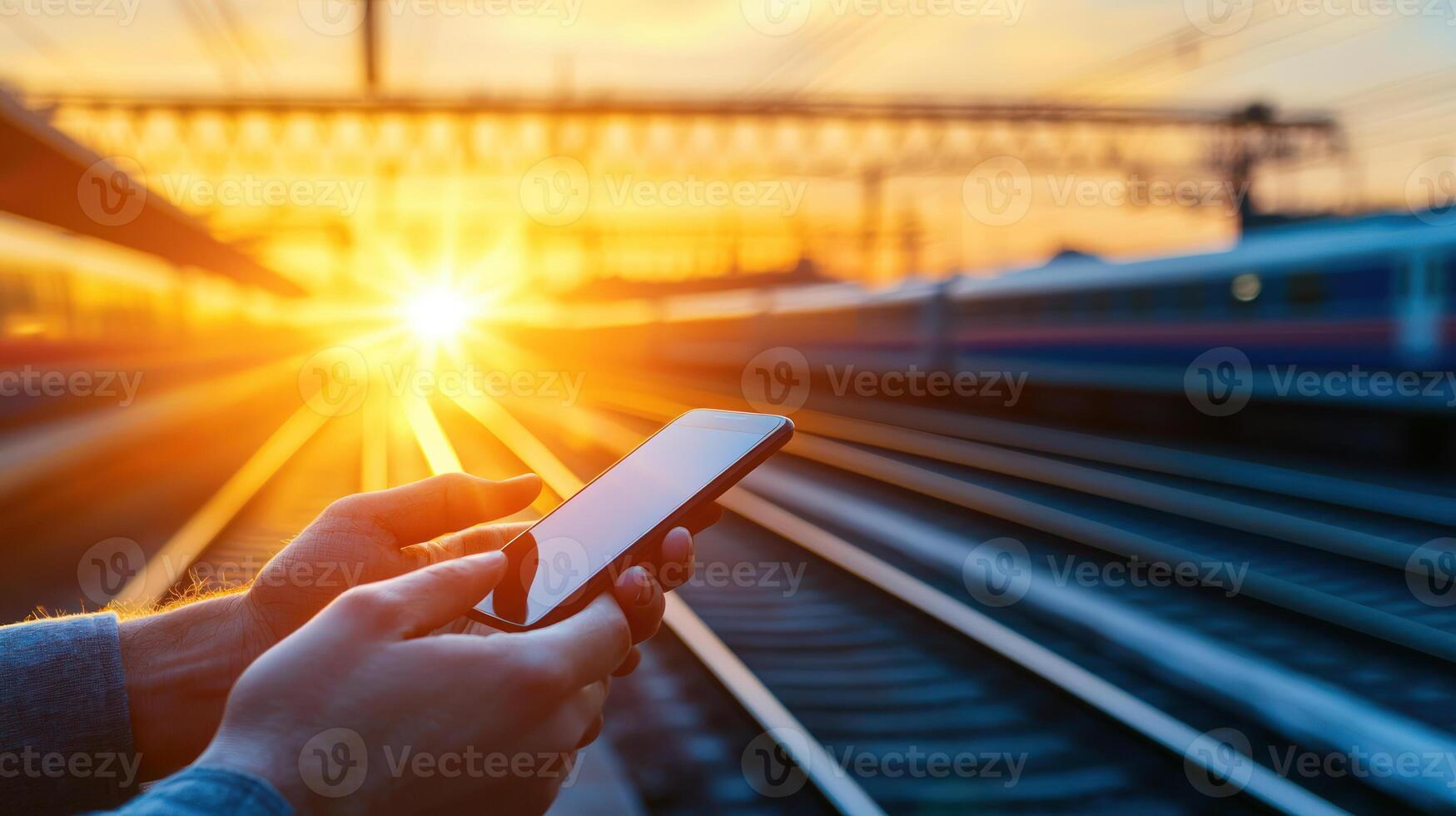 close up of hands holding smartphone at railway station with train tracks and golden sunlight in background photo