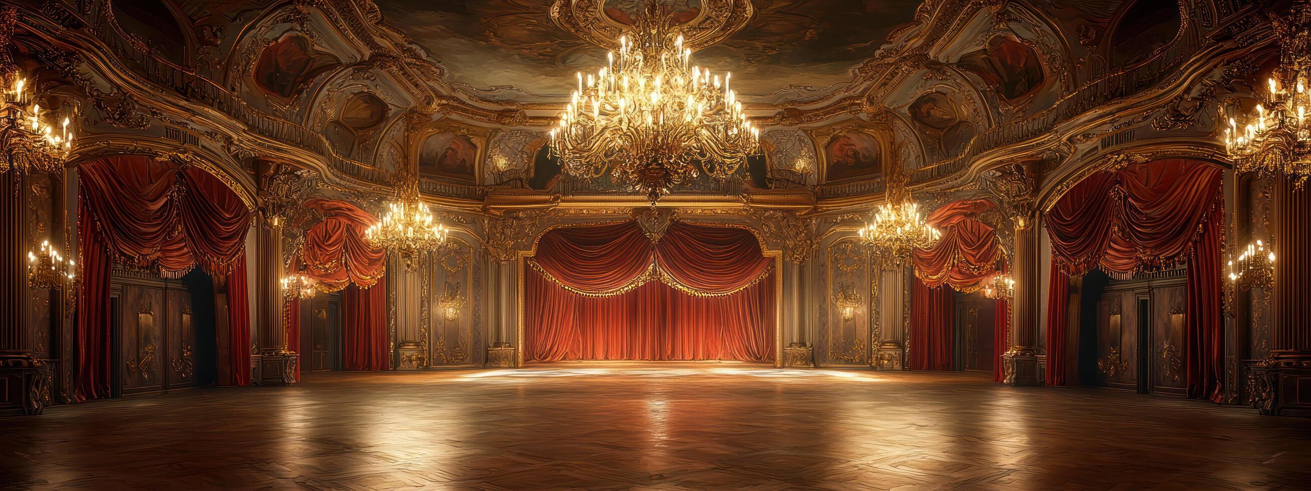 ornate theater hall with grand chandeliers, red velvet curtains, and intricate gold detailing creates luxurious ambiance photo