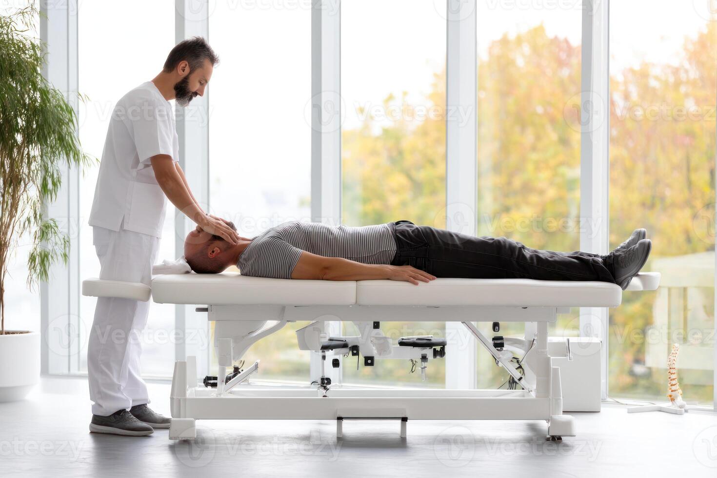 chiropractor adjusting patient on white therapy table in bright and professional clinic setting. photo