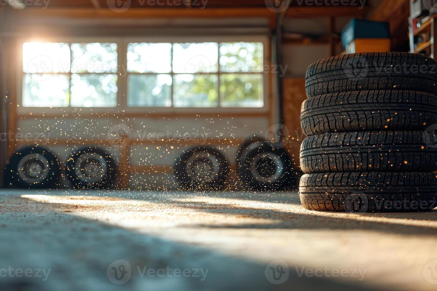 bright garage workshop with sunlight streaming in, stacks of tires visible, and dust particles floating in air photo