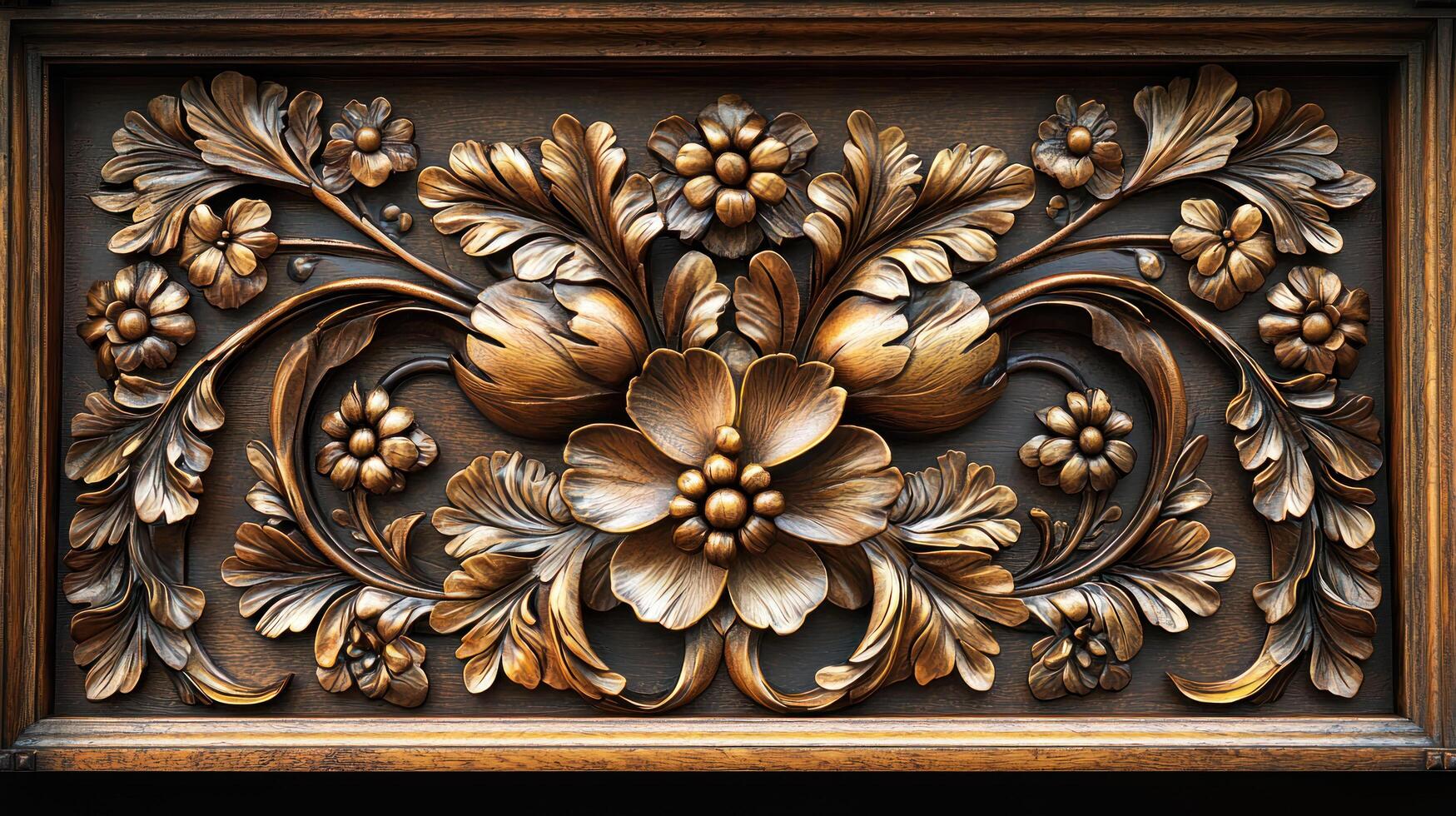 Ornate floral wood carving with intricate details, showcasing elegant craftsmanship and natural motifs in decorative panel photo