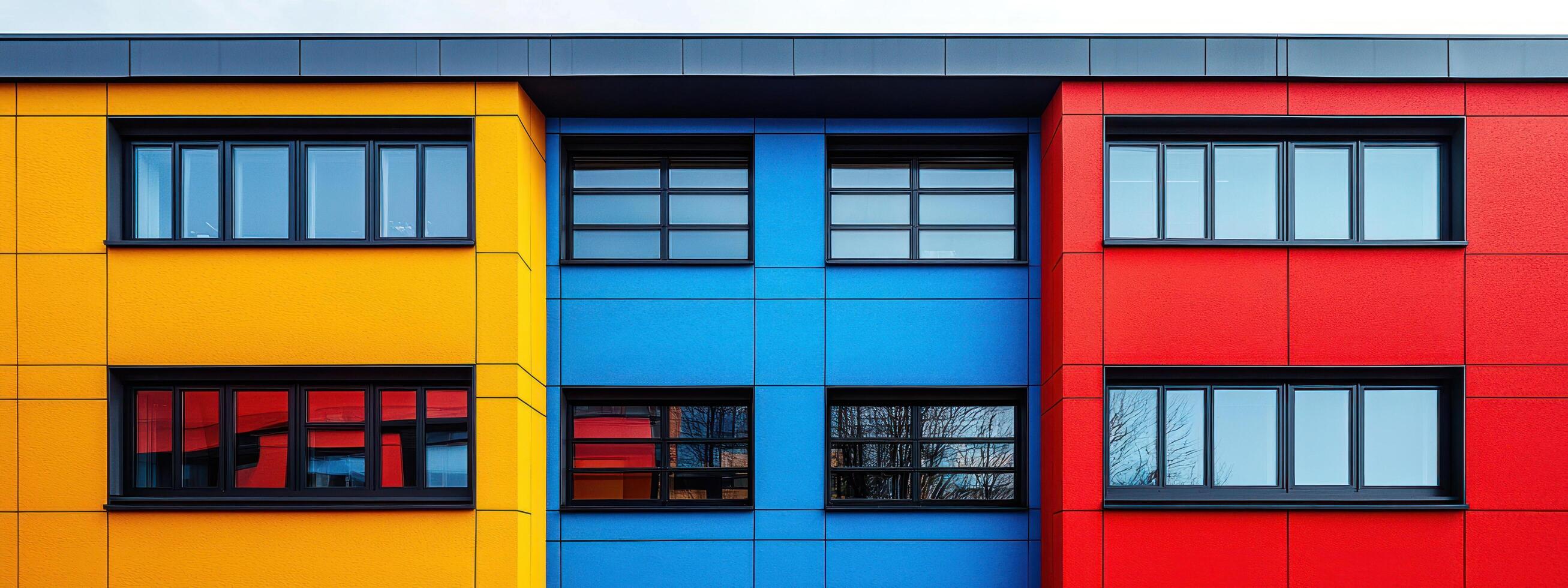 vibrant Bauhaus inspired building facade with bold geometric patterns and primary colors of yellow, blue, and red photo