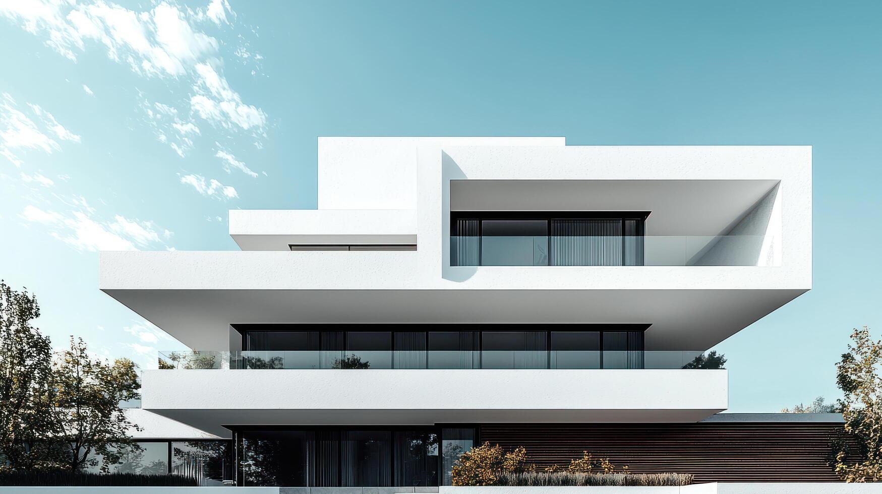 modern white building with clean lines and geometric shapes, inspired by Bauhaus architecture, under clear blue sky photo