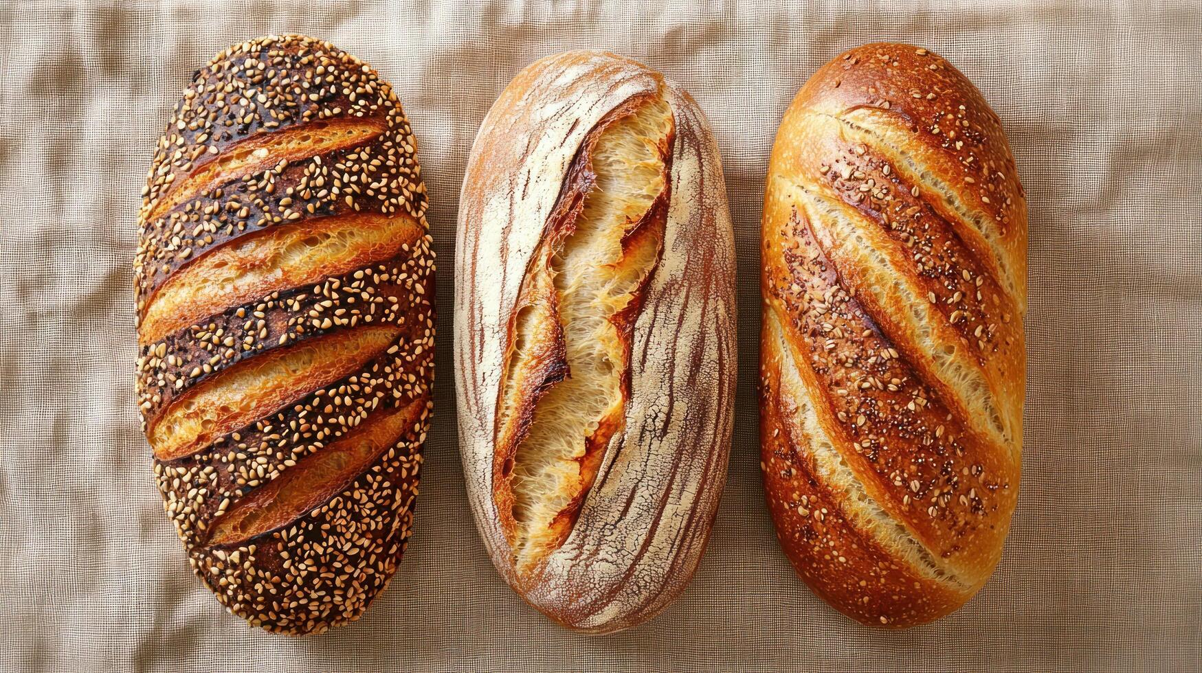 Three artisanal loaves of bread with golden crusts and unique scoring patterns are displayed textured fabric background, evoking warmth photo