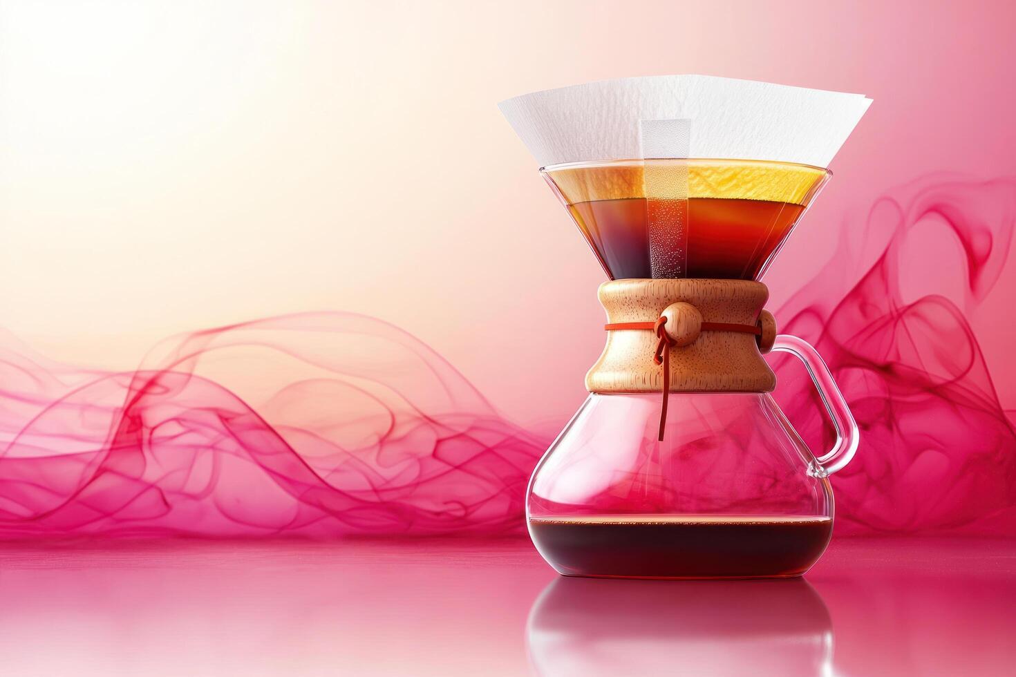 beautifully crafted artisanal coffee brewing setup with glass pour over coffee maker, surrounded by vibrant pink smoke like swirls, creating warm photo