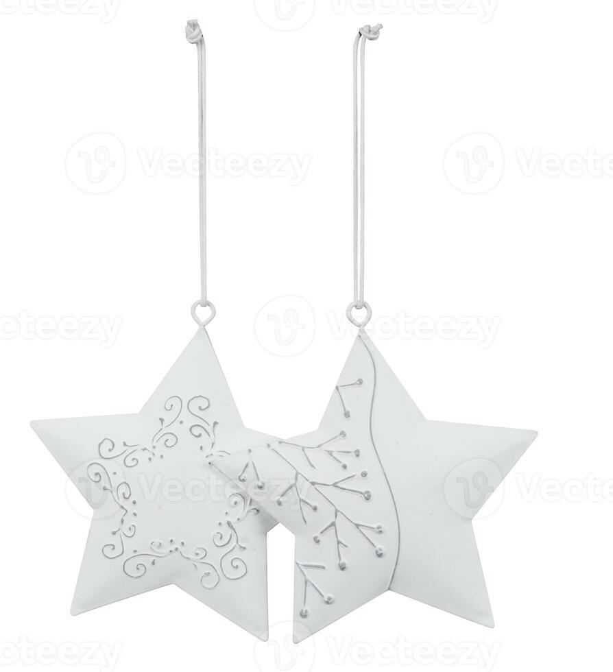 Two Christmas stars hanging on a rope cut out isolated white background with clipping path photo