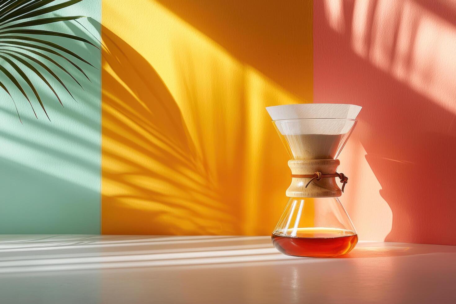 handcrafted glass coffee maker with wooden collar sits on white surface, casting shadows against vibrant pastel background photo