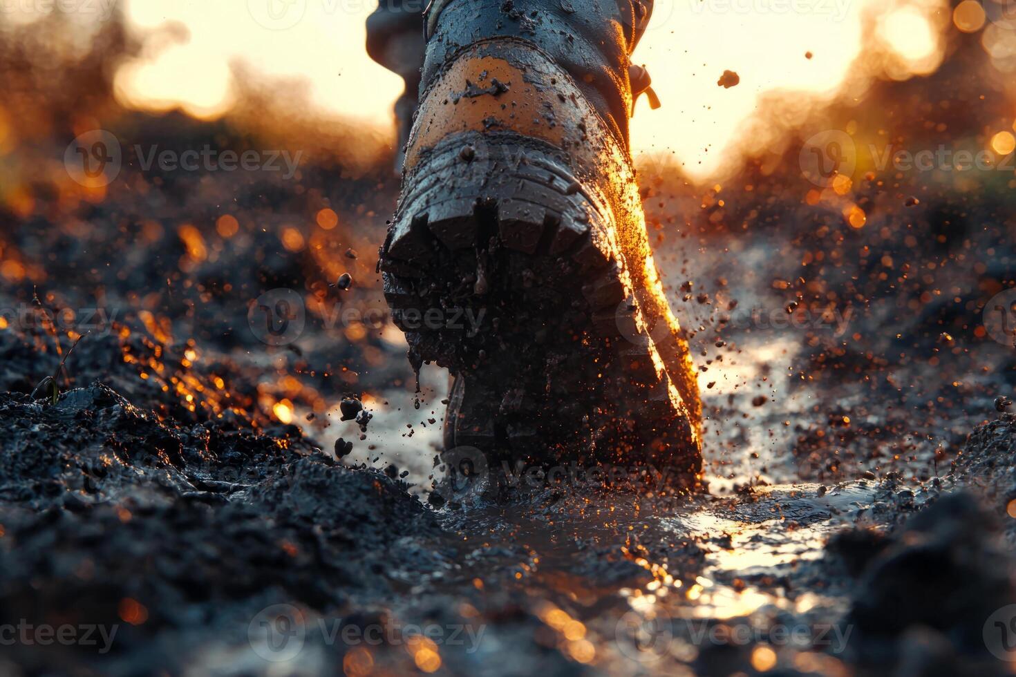 Boot steps into thick mud with splash photo