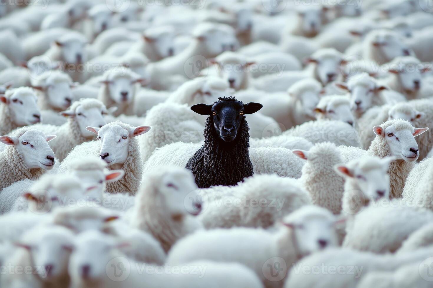 A huge herd of white sheep, with a black sheep standing out in the center. photo