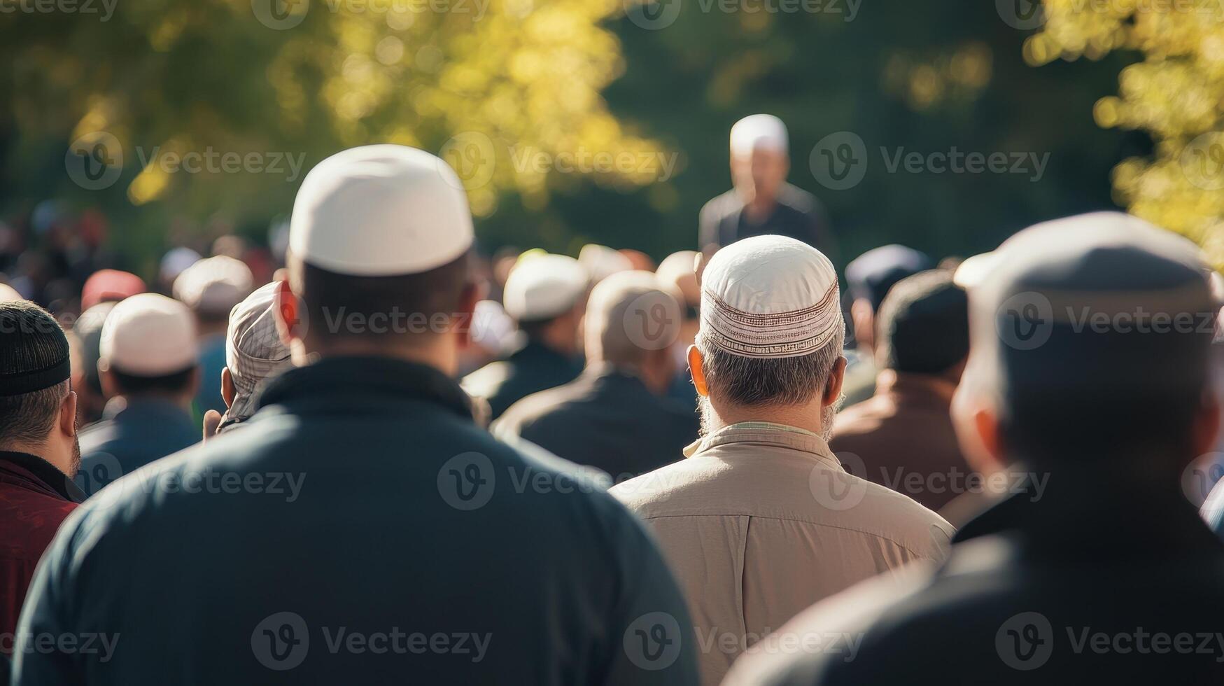Man in taqiyah stands amidst a large crowd in a city park. photo