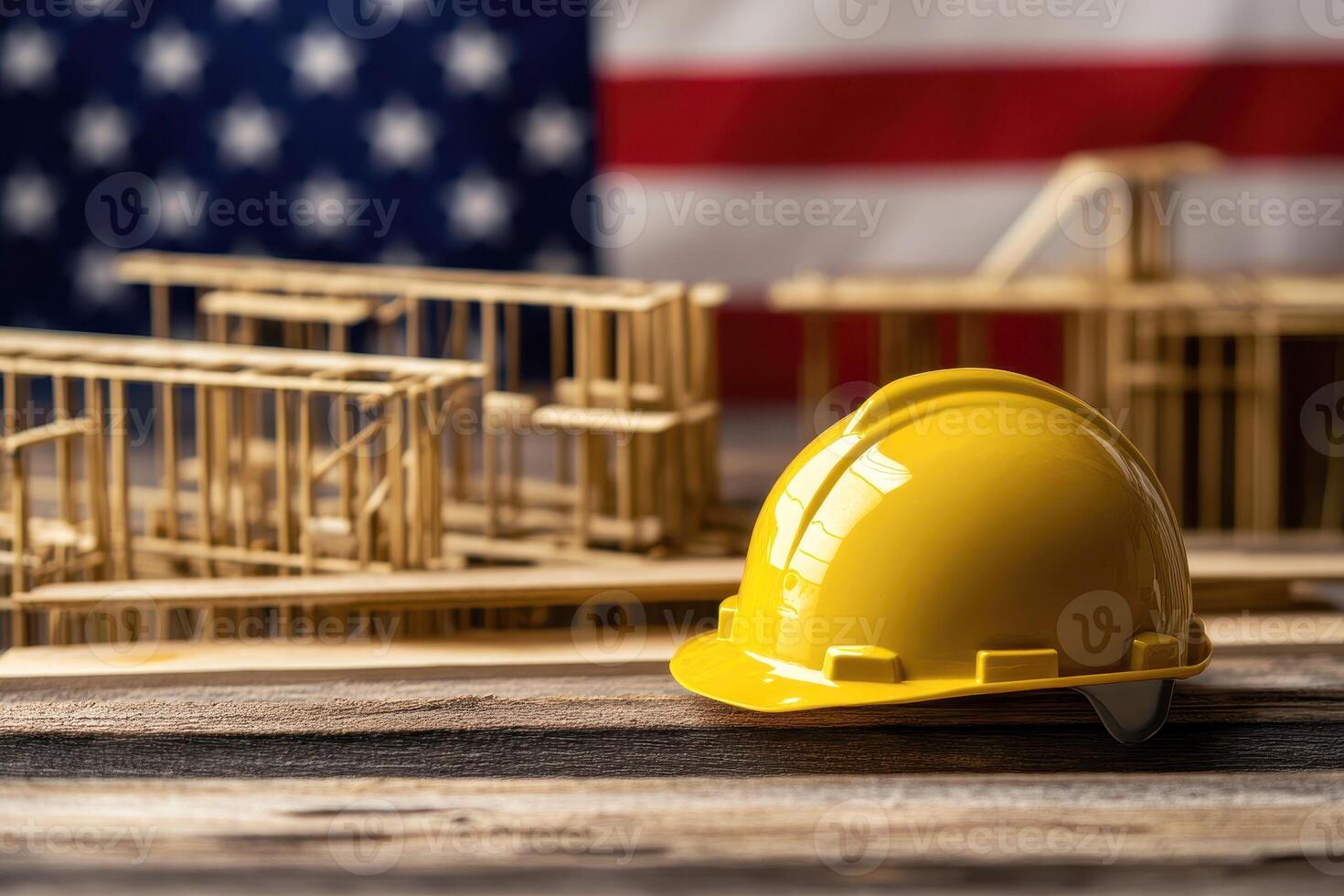 A yellow hard hat rests on a wooden table, with an American flag displayed in the background. usa construction tariffs concept. photo