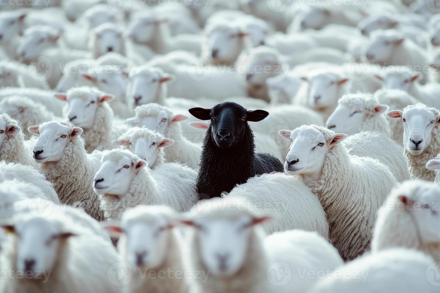 A lone black sheep standing boldly in a sea of white sheep, capturing contrast and individuality in a minimalist style. photo