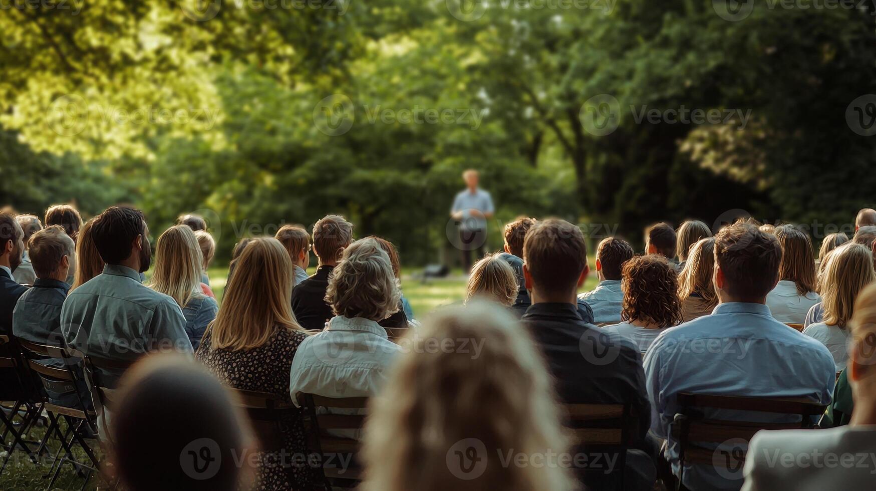 Several people seated in chairs outdoors, attentively listening to a speaker at a gathering taking place in a serene environment. photo