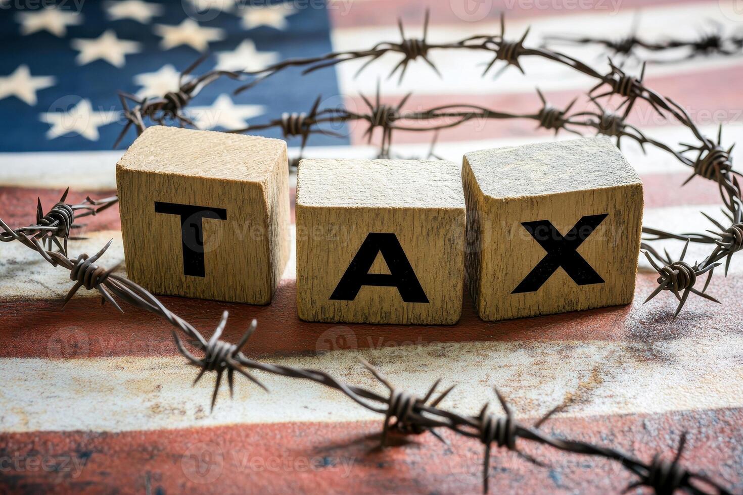 tax on wooden block in Tariffs concept with United States of America Flag. photo