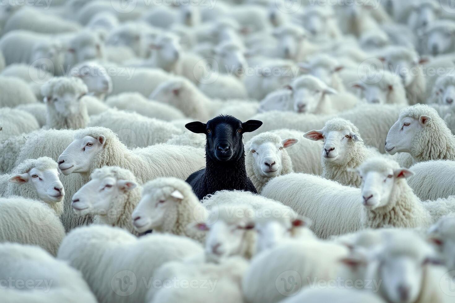 A crowd of white sheep, with a black sheep standing out in the center. photo