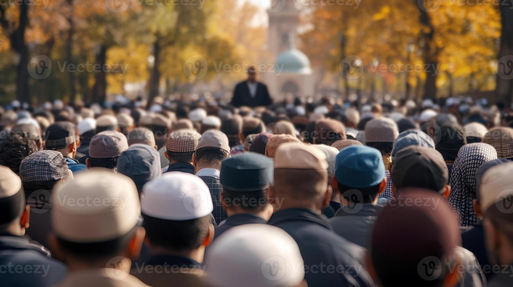 Person with backpack stands amidst a large crowd in city street at sunset. photo