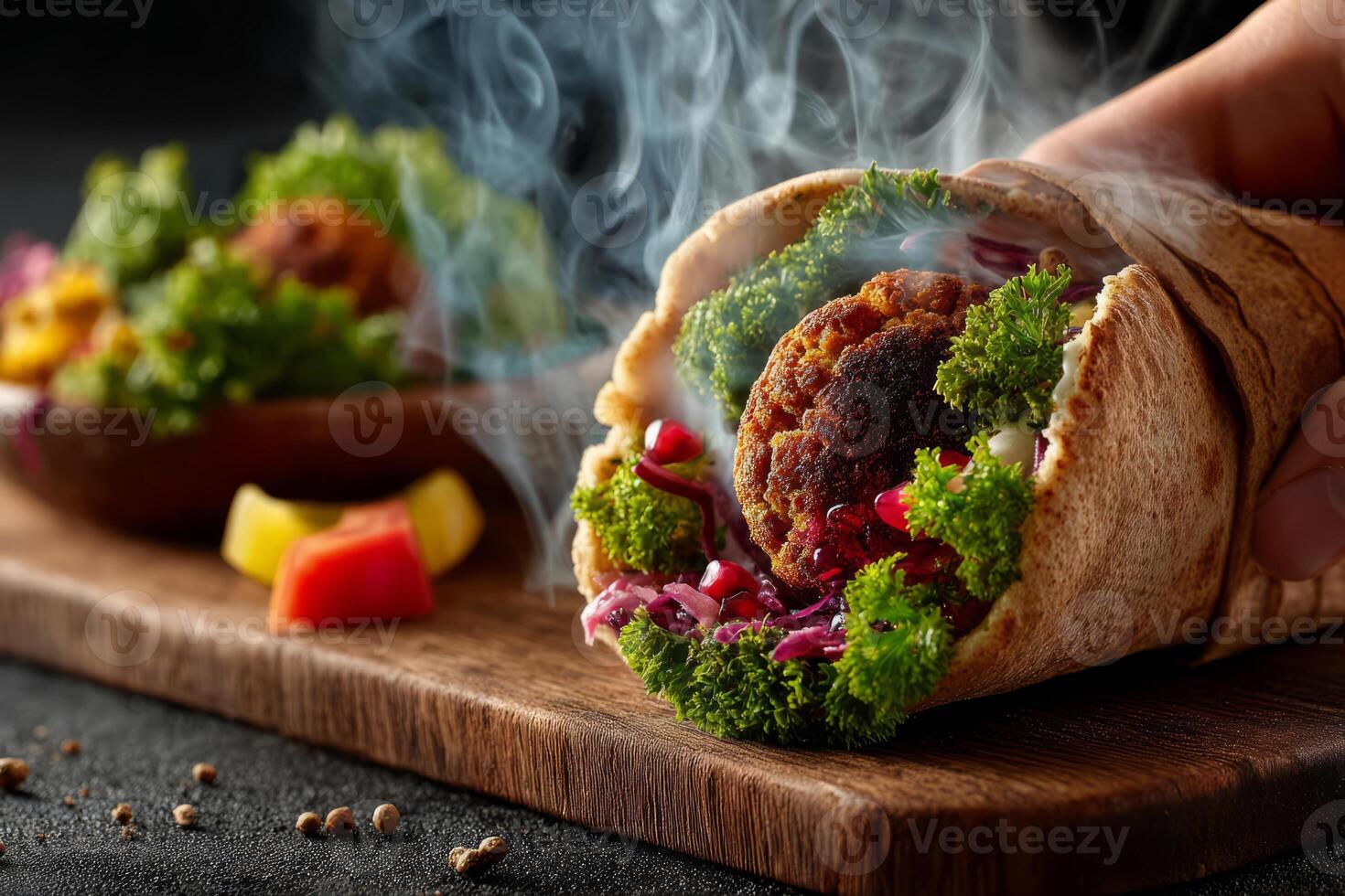 Steaming falafel wrap with fresh vegetables in pita bread photo