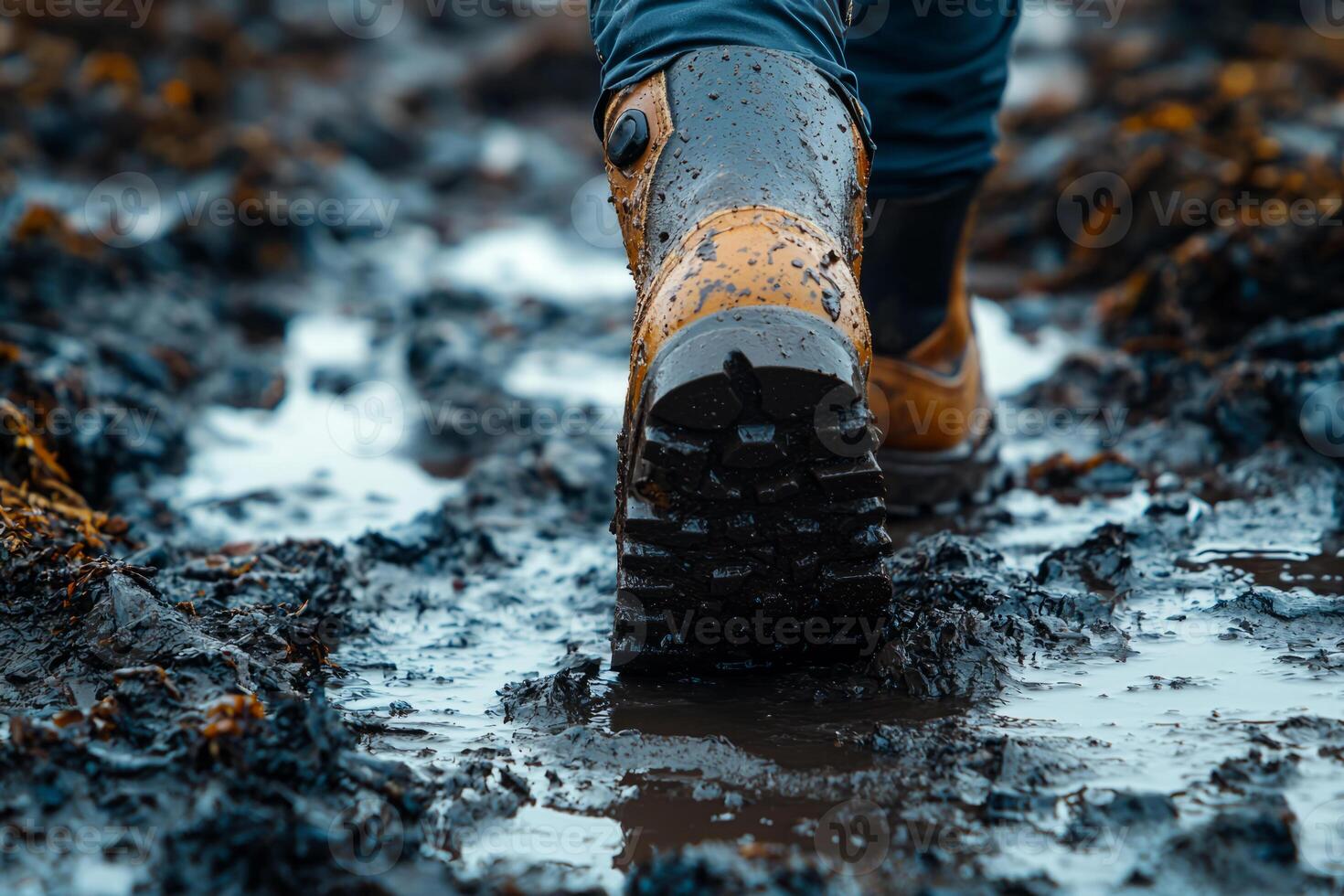 Hiking boot steps into mud photo