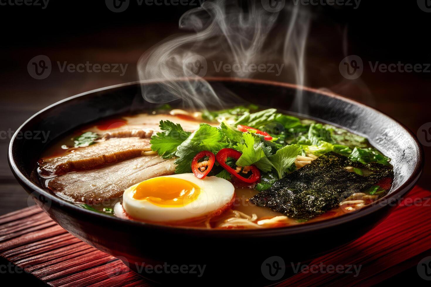 Hot ramen bowl with egg and pork slices photo