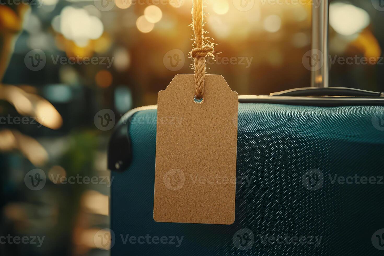 Travel bag with empty label tag in evening sun photo