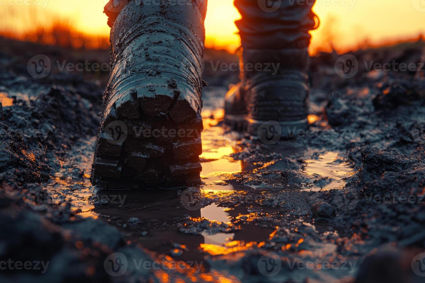 Hiking boot steps into mud with splash photo