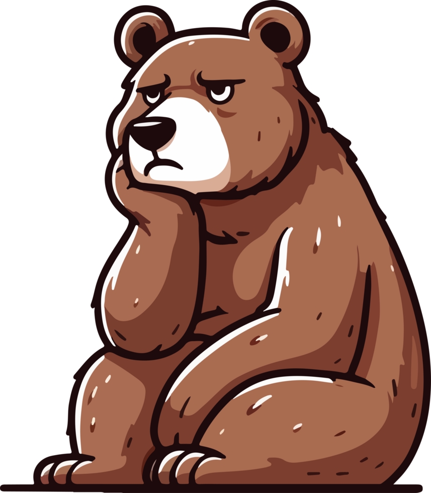 A cartoon bear sitting on the ground with his hand on his chin png