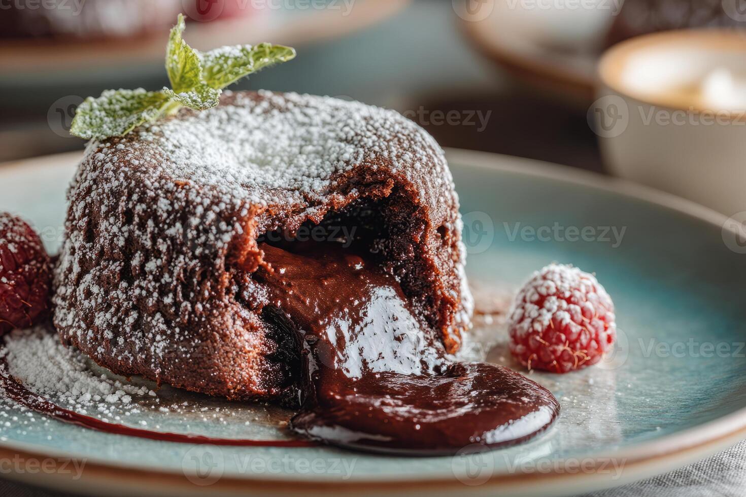 Chocolate lava cake with melted center and powdered sugar photo