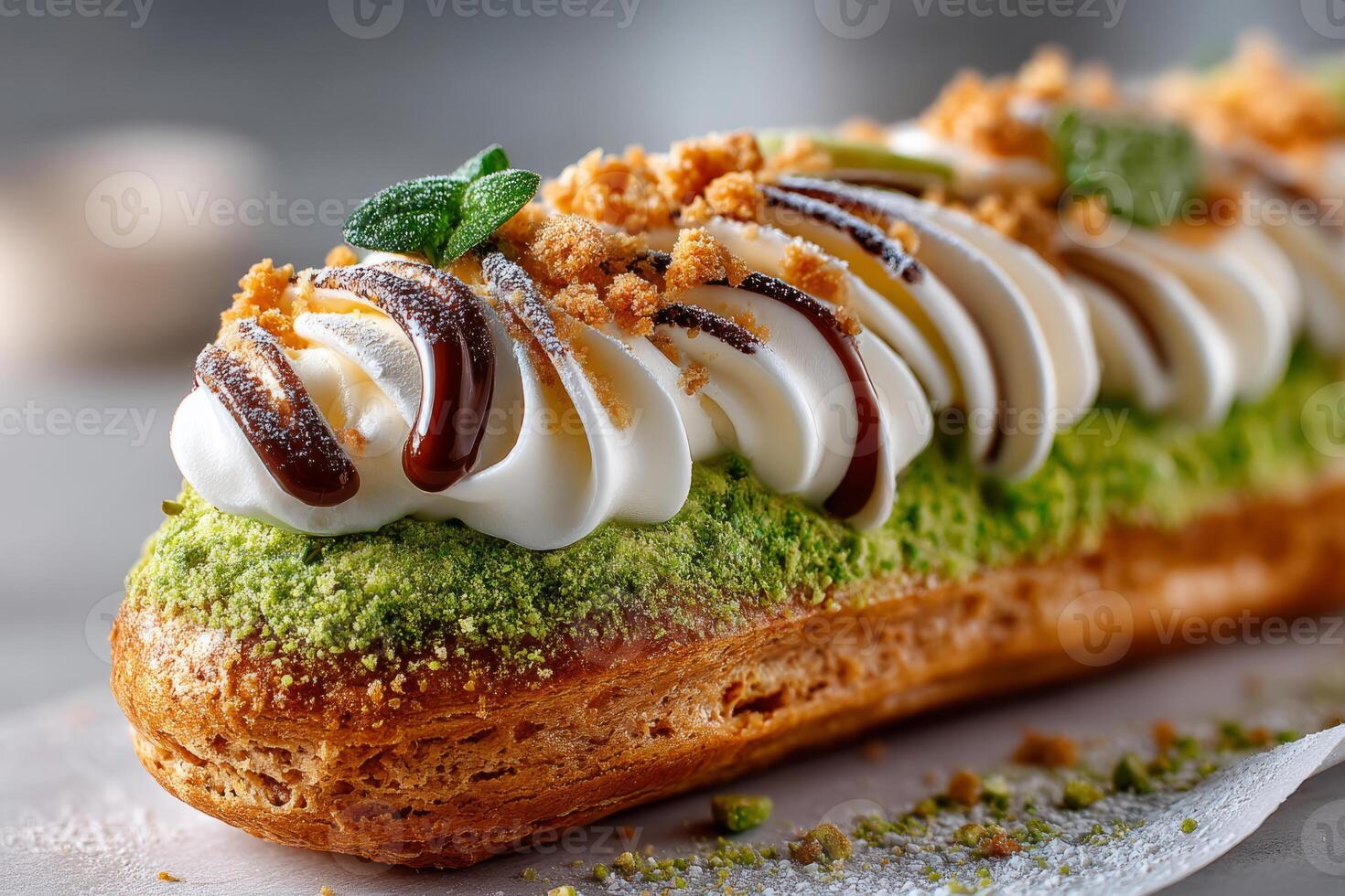 Pistachio eclair with whipped cream and nuts photo