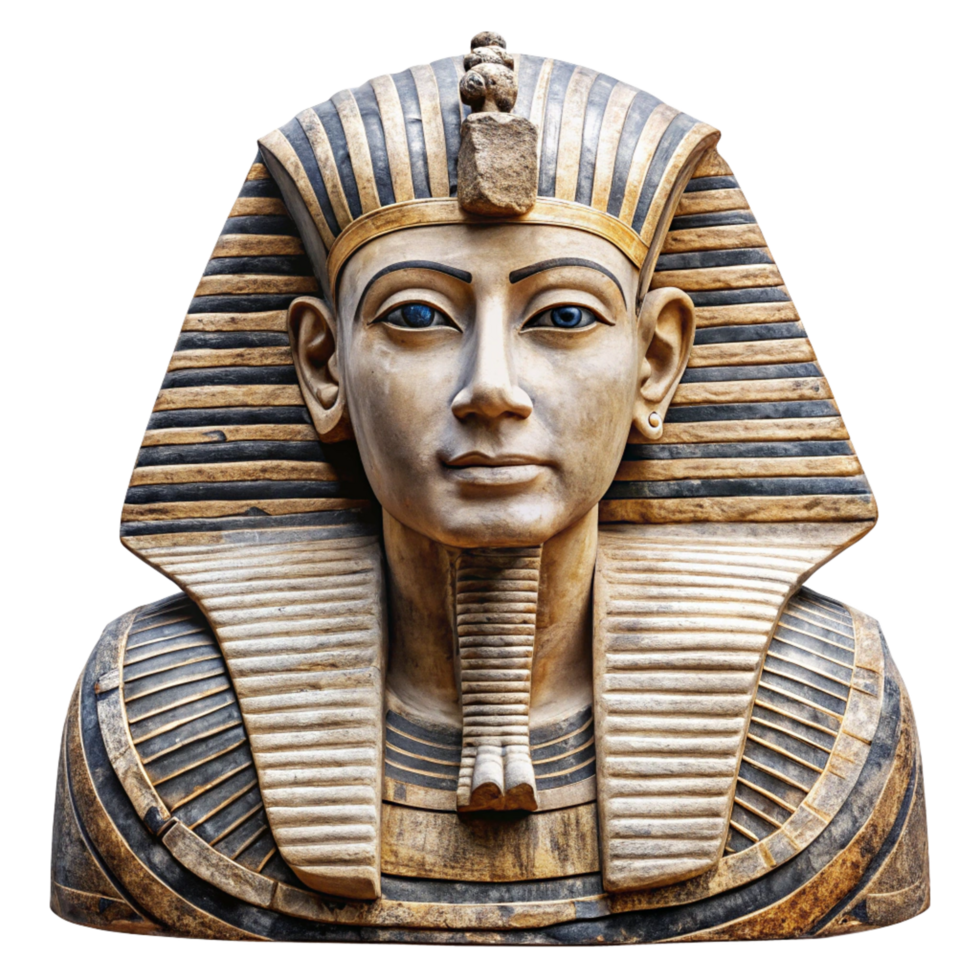 Ancient Egyptian Pharaoh Bust Sculpture with Nemes Headdress and Striking Blue Eyes png