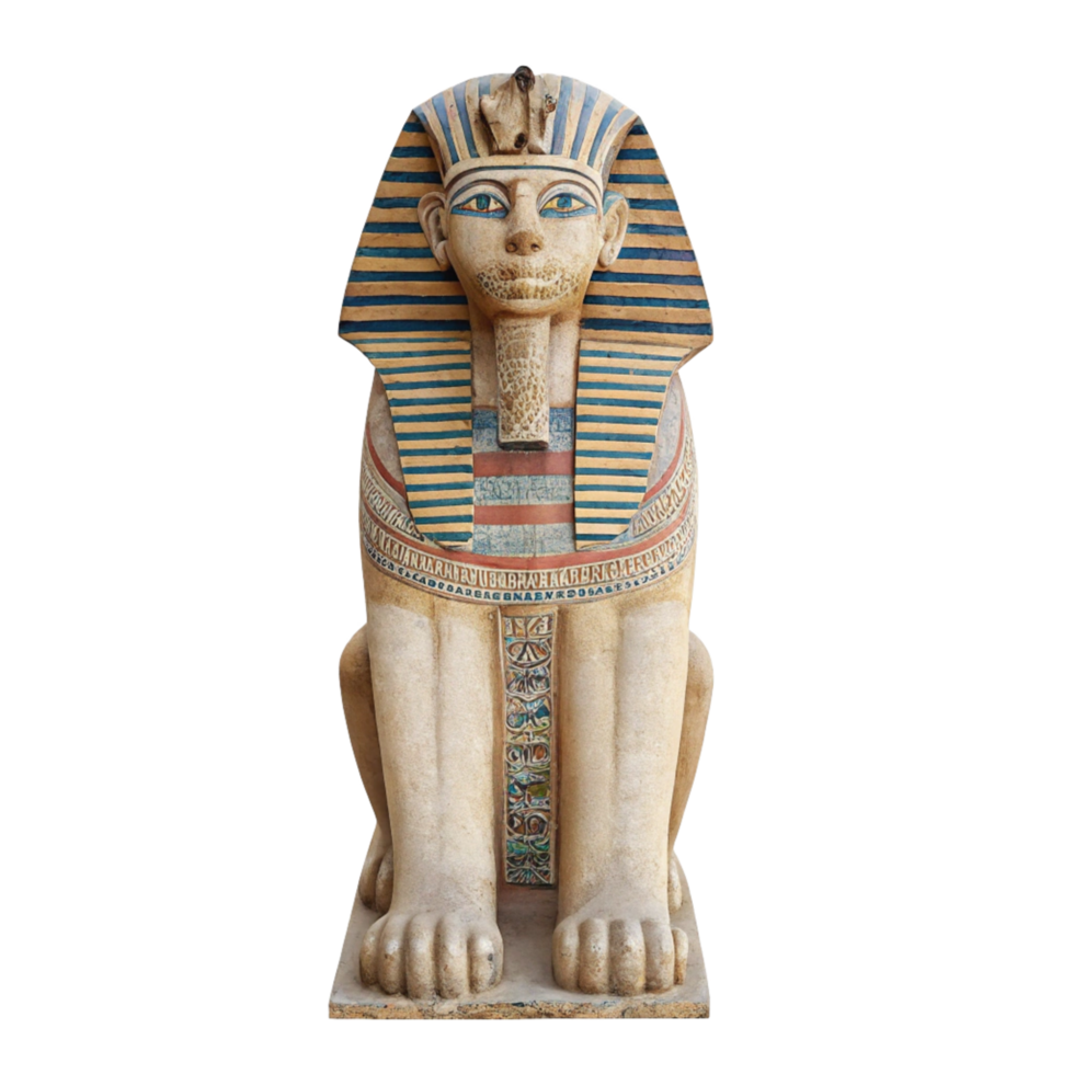 Ancient Egyptian Stone Sphinx Statue with Hieroglyphs and Royal Headdress png
