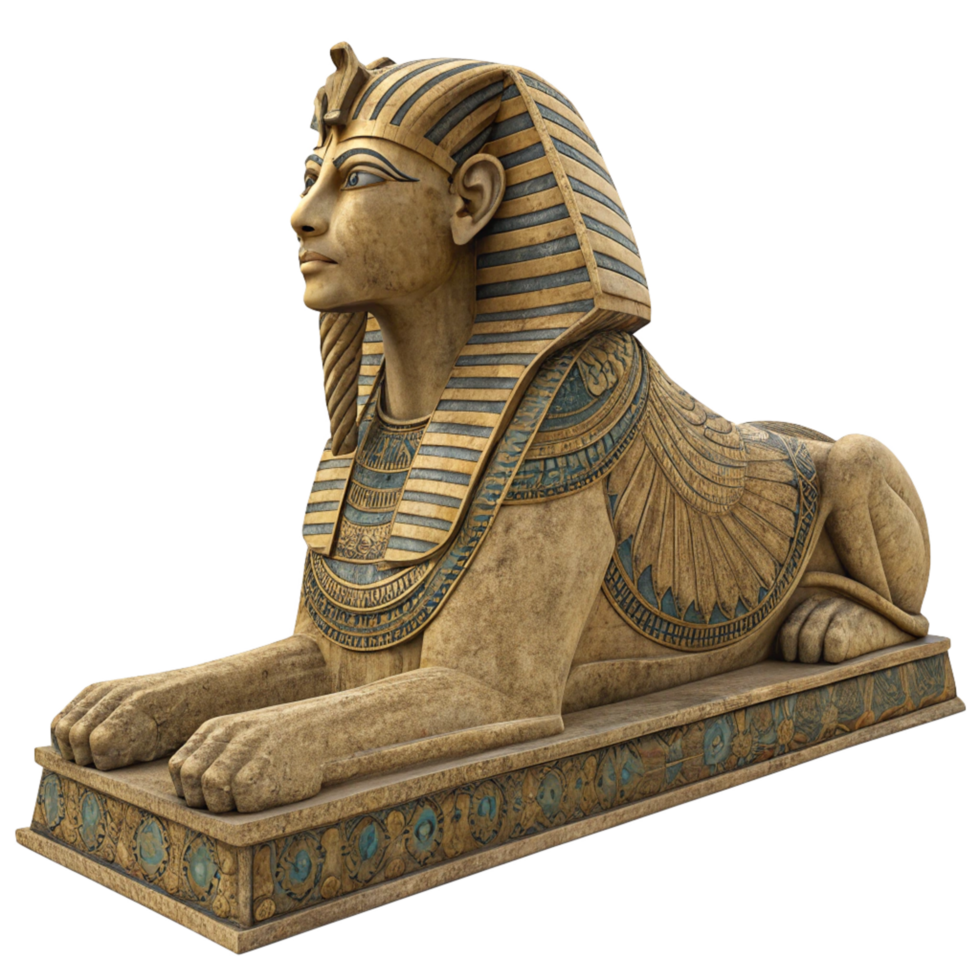 Ancient Egyptian Sphinx Statue with Intricate Details and a Royal Headpiece png