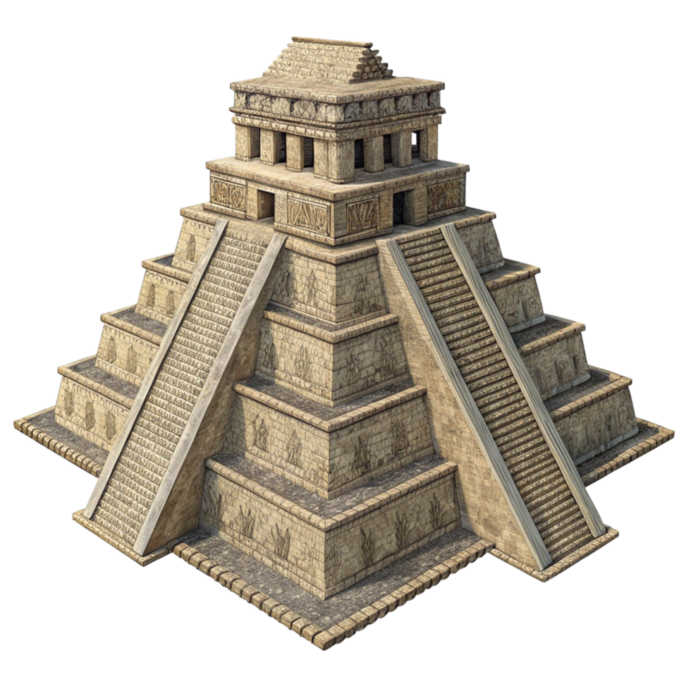 Ancient Mayan Pyramid Temple 3D Render Model with Intricate Stone Carvings and Double Staircase png