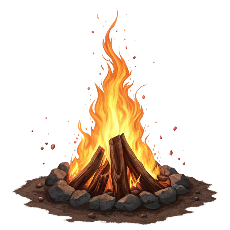 A Vivid Illustration of a Campfire Burning Brightly with Embers and Stones png