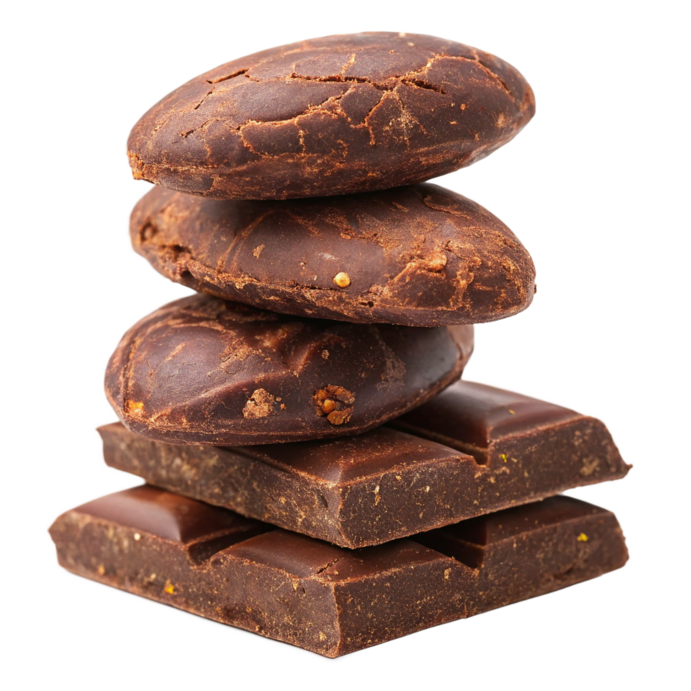 A stack of delicious dark chocolate cocoa beans and chocolate bars, a delectable treat for chocolate lovers png
