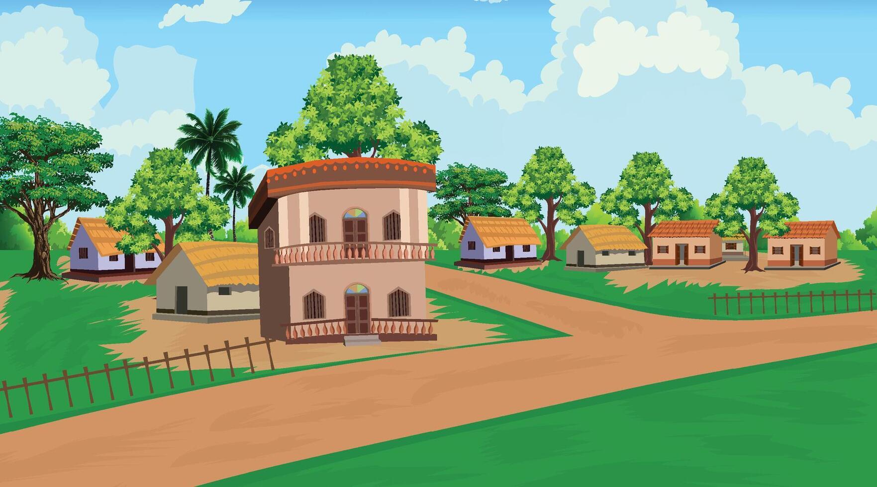 2D cartoon village illustration background design vector