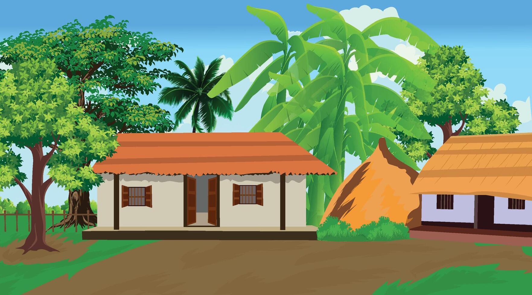 A cartoon of village house with door and a house with 2d village backround vector