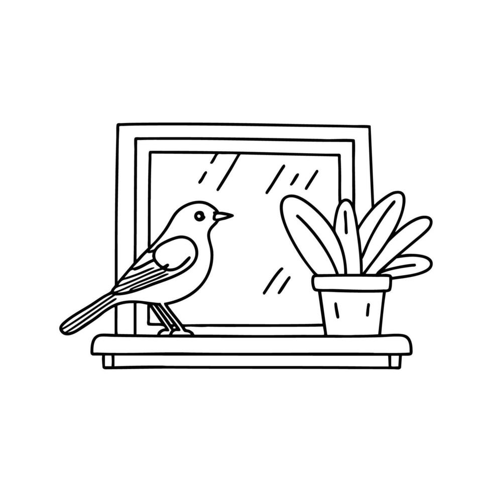 Robin chirping on a windowsill beside a flower pot vector
