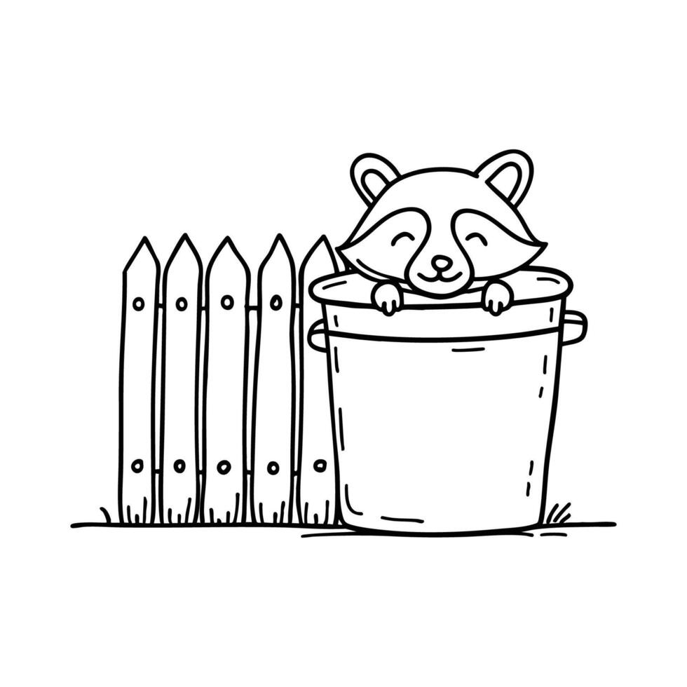 Raccoon peeking out from a trash can near a wooden fence vector