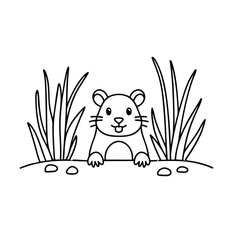 Rodent peeking out of a burrow surrounded by dry grass and pebbles vector