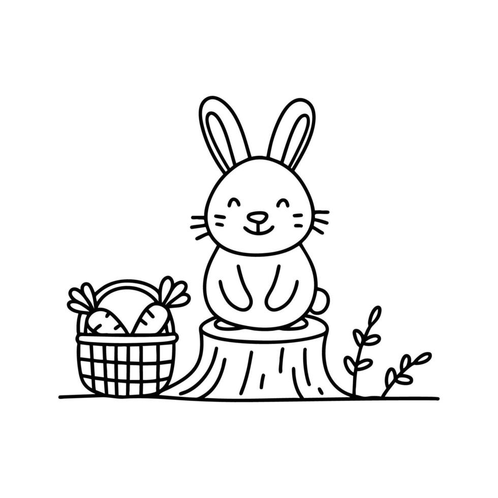 Rabbit sitting on a tree stump beside a basket of carrots vector
