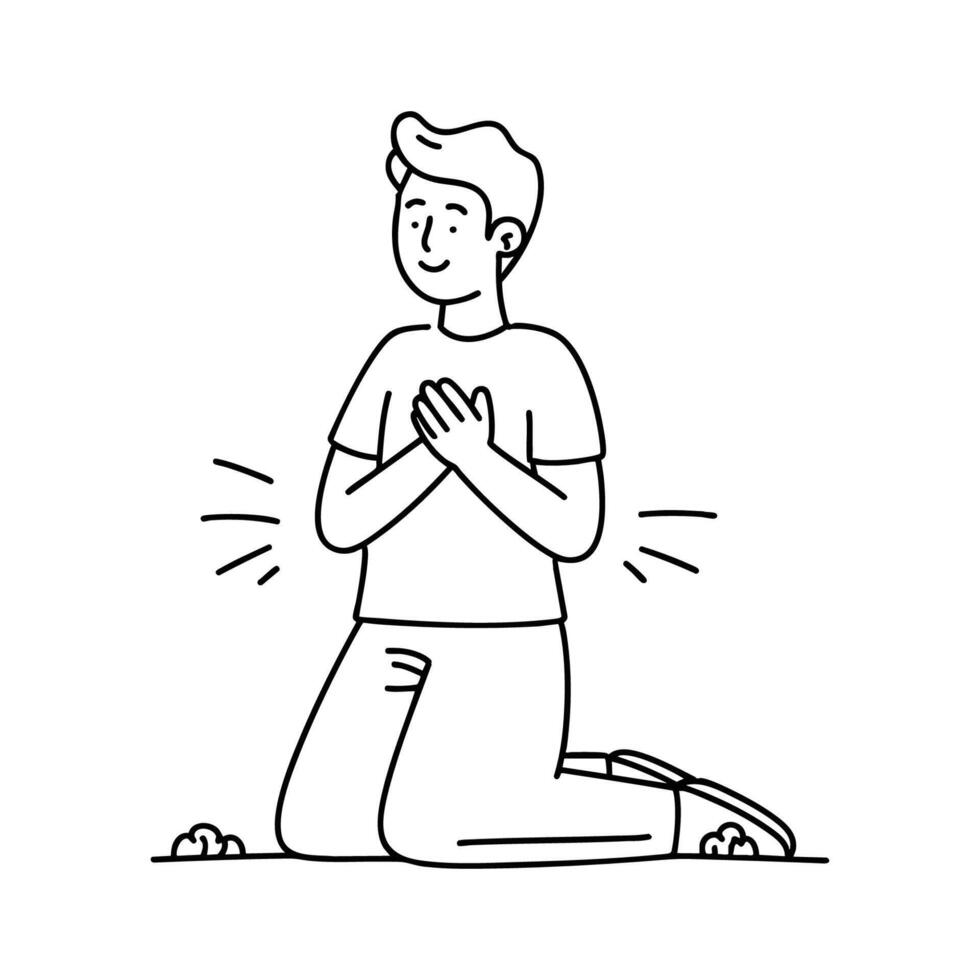Hands held together in front of chest as someone kneels down in silent relief vector