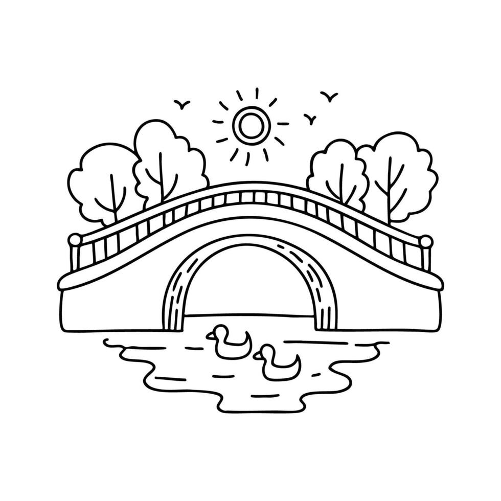Bridge crossing a narrow river with ducks swimming below vector