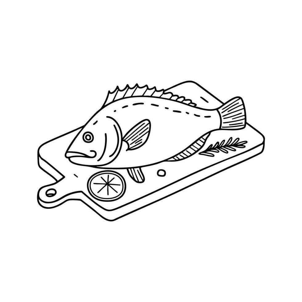 Rockfish lying on a wet cutting board with lemon slices and herbs vector