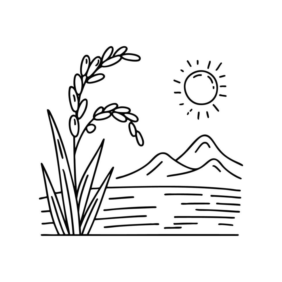 Rice grains visible on the plant with background of distant hills vector
