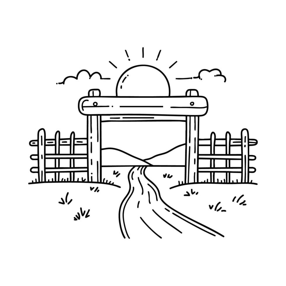 Ranch entrance gate with a dirt path leading into the distance vector
