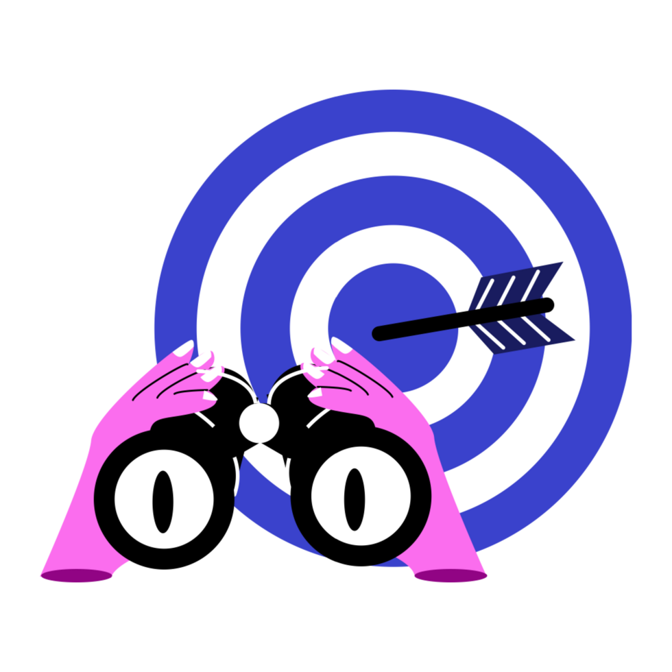 a target with an arrow and a hand holding a telescope, representing future goals png